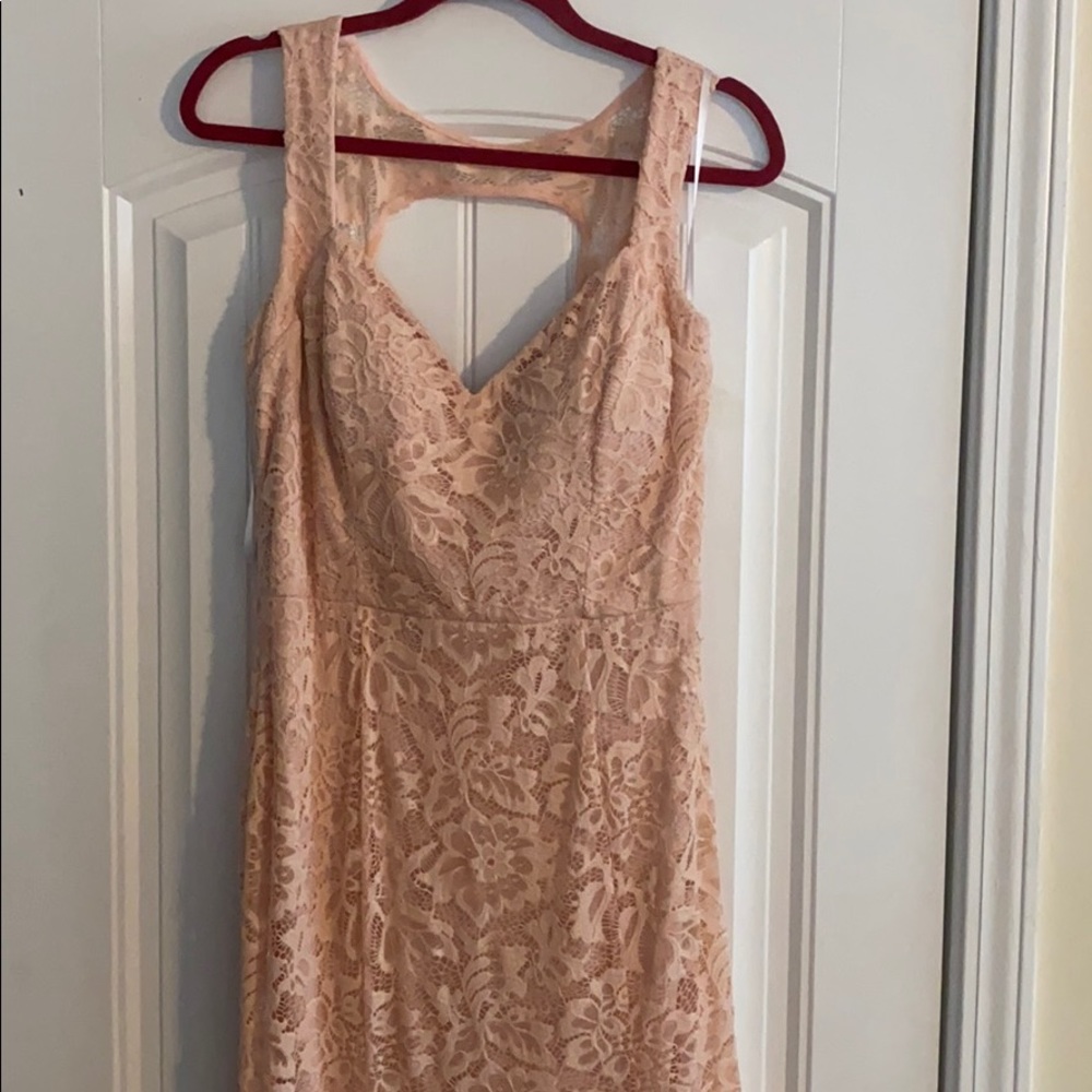 B. Smart Coral/ Peach lace prom or formal dress.